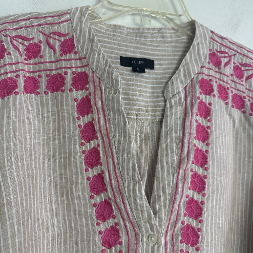 J Crew Linen Embroidered Khaki white Tunic top size Large Popover V Neck Preppy - Picture 2 of 9